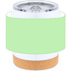 An insulated travel mug with a white body, clear lid, and cork base, featuring an area for custom branding.