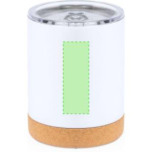 A white insulated mug with a cork base and a clear lid, featuring a blank area for customisation.