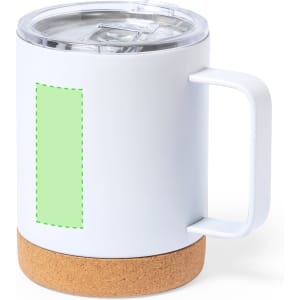 A drink bottle featuring a white body, a cork base, and a clear lid, with an area for custom branding.