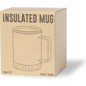 A drink mug in a silver colour, presented in a plain cardboard box with an illustration and branding.