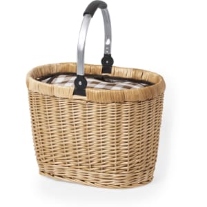 A woven picnic basket with a checkered interior lining and a black handle. It features a natural tan colour.