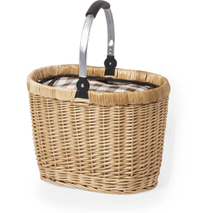A wicker thermal picnic basket with a striped inner lining and a silver handle. It has a branding logo.