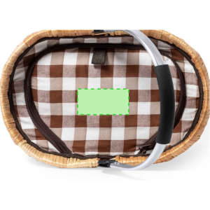 A brown and cream checked interior of a thermal picnic basket with a white handle and a hidden logo.