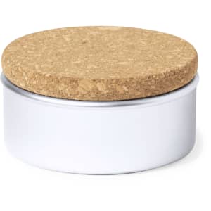 A white candle tin with a cork lid, featuring a sleek and minimalist design.