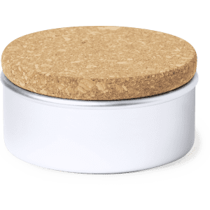 A white candle container with a cork lid, featuring a sleek, minimalist design.