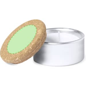 A silver tin candle with a cork lid, featuring a green label on top and a white wax interior.