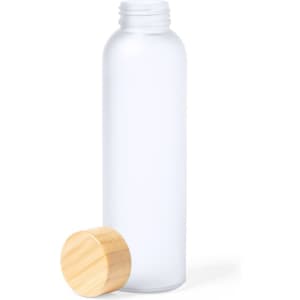 A drink bottle with a clear body and a wooden cap. It features a sleek, minimalist design.