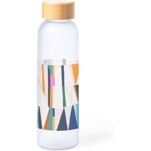A drink bottle with a clear body featuring a vibrant geometric design in various colours and a wooden lid.