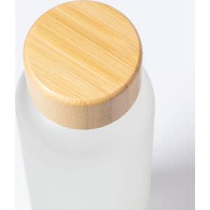 A drink bottle with a frosted body and a wooden bamboo lid, featuring a smooth finish and simple design.