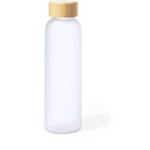 A drink bottle with a clear body and a wooden lid, featuring a simple and modern design.