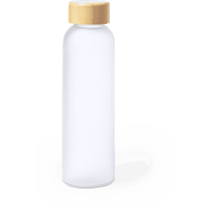 A drink bottle with a clear body and a gold lid, featuring a logo on its side.
