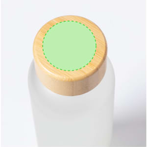 A drink bottle with a sleek design featuring a bamboo lid and a frosted glass body. It has a round green top.