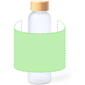 A drink bottle with a transparent design and a wooden lid, featuring a green sleeve for customisation.