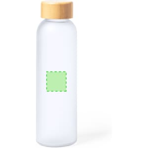 A drink bottle with a clear body and a wooden lid, featuring a blank green square for customisation.