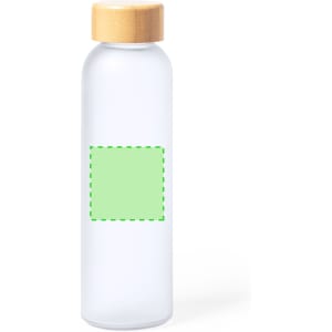 A drink bottle with a clear body and a wooden lid, featuring a blank green label area.