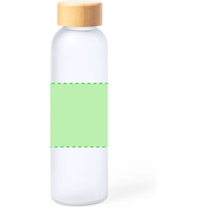 A drink bottle with a transparent body, green label area, and a bamboo lid.