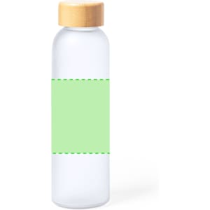 A drink bottle with a clear body and a wooden lid, featuring a blank green label area for customisation.