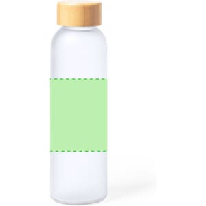A drink bottle in clear plastic with a bamboo lid and a green label area for customisation.