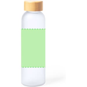 A drink bottle with a clear glass body and a wooden lid, featuring a large blank green area for customisation.
