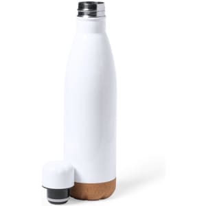 A drink bottle in white with a cork base, featuring a metallic screw cap and a plastic top. Logo visible.