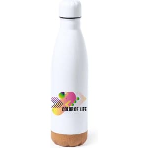 A drink bottle featuring a white body with a cork base and a colourful design, including a logo.