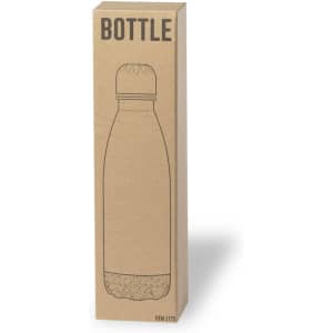 A drink bottle in a sleek, silver design packaged in a simple cardboard box with an illustration.
