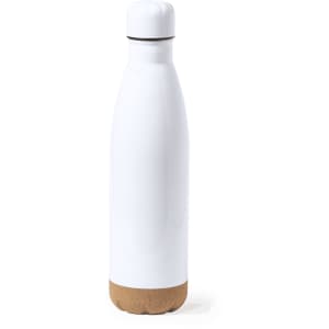A drink bottle in white with a cork base, featuring a secure screw lid and a simple design.