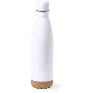 A drink bottle in white with a cork base and a white lid, featuring a logo.