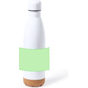 A drink bottle with a white body and cork base, featuring a blank green area for customisation.