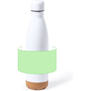 A drink bottle in white with a cork base and a logo, featuring a sleek, modern design.