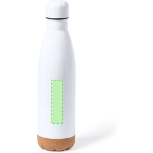A drink bottle in white with a cork bottom and a placeholder for branding.