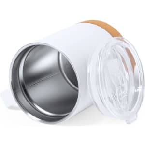 A white insulated mug made of stainless steel with a clear lid and a cork base. It has a logo.