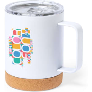 A drinkware mug with a white body, cork base, clear lid, and colourful graphic design. It features a handle and a logo.