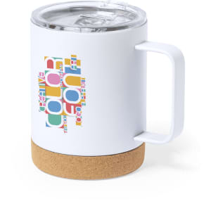 A white insulated coffee mug with a cork base and a clear lid, featuring a colourful design.