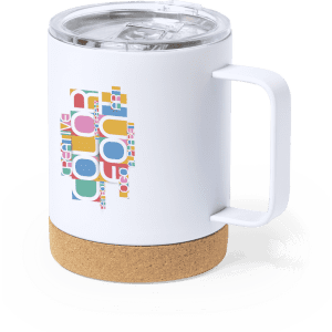 A drink mug with a white body, transparent lid, cork base, and colourful branding.