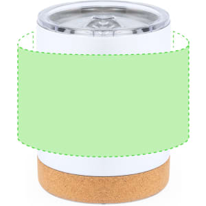 A drink bottle in white with a cork base and clear lid, featuring a blank area for custom designs.