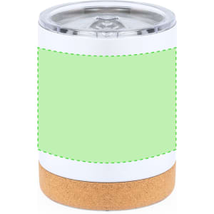 A drink bottle with a white body, cork base, and transparent lid, featuring a green blank design area.