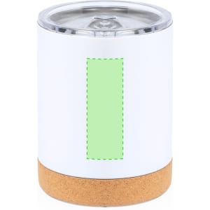 A drink mug with a white exterior, cork base, and a clear lid, featuring a blank green section for custom designs.