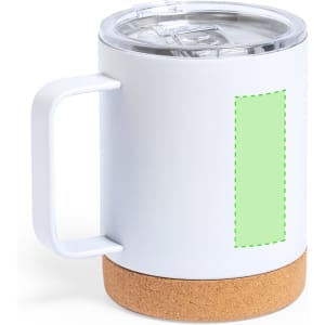 A drink mug with a white body, clear lid, and cork base, featuring a blank green section for custom designs.