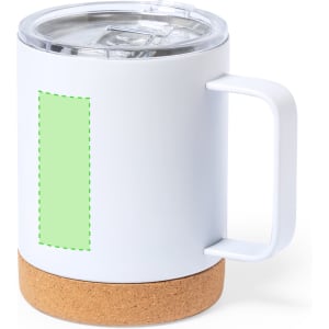 A drink mug featuring a white body, cork base, and a clear lid. It includes a designated area for custom designs.
