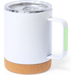 A white insulated mug with a cork base and a clear lid, featuring a handle and a small green section.