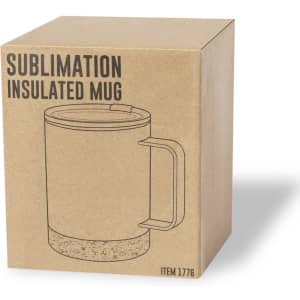 A drink mug in a brown box, featuring an insulated design and a handle. The box includes a basic line drawing of the mug.