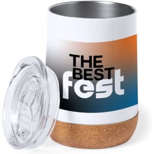 A drink bottle with a cork base and a gradient design in blue, orange, and white, featuring a logo.