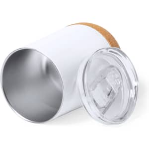 A drink bottle with a white body, cork base, and clear lid. It features a smooth interior and a simple design.