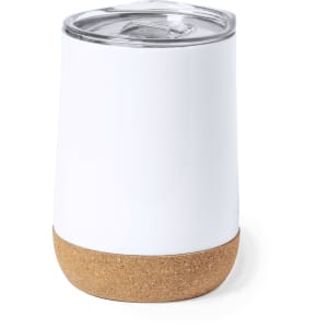 A drink bottle featuring a white upper section and a cork base, with a clear lid and a logo.