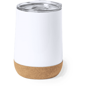 A drink bottle with a white body and cork base, featuring a clear lid. It includes a logo.