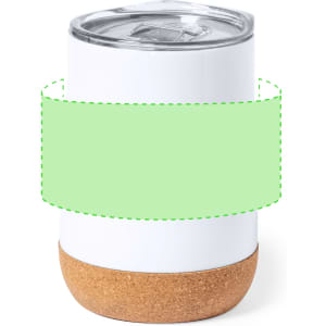 A drink bottle with a white body and cork base, featuring a clear lid and an area for custom design.
