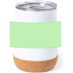 A drink bottle with a white body and cork base, featuring a clear lid and a space for custom branding.