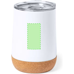 A drink bottle featuring a white insulated body and a cork base, with a clear lid. It has a blank area for customisation.