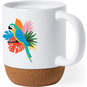 A white coffee mug with a colourful parrot design and a cork base. Features tropical leaves in vibrant colours.